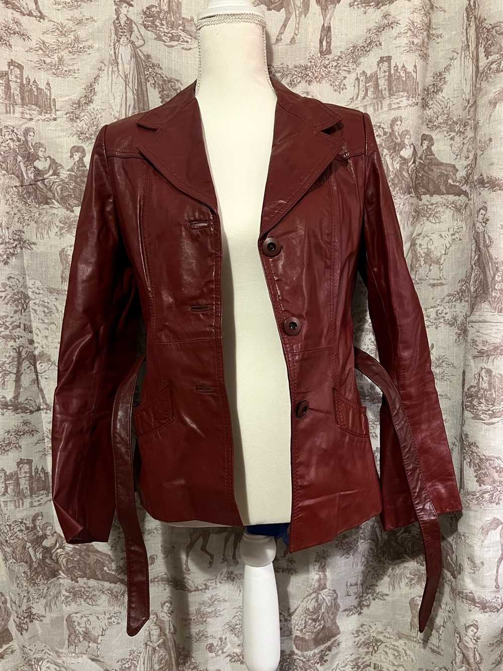 Vintage Berman's Leather Jacket with Belt, Red/Burgundy